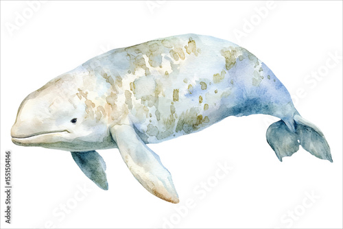 Whale watercolor vector illustration, underwater ocean animal art isolated on white background