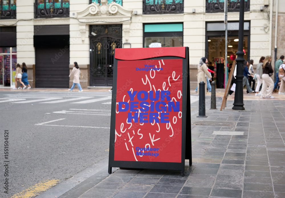 An empty A-frame mockup stands on a busy city sidewalk, ready for ...
