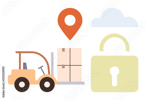 Forklift carrying boxes next to location pin, cloud, and padlock. Ideal for logistics, supply chain, shipping, security, inventory technology cloud storage. Simple flat metaphor