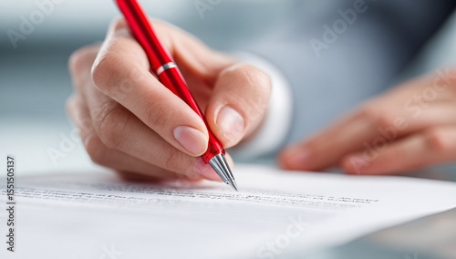 Person hand holding red pen corrects text on paper. Meticulous process edit review