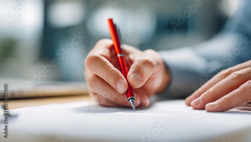 Person hand holding red pen corrects text on paper. Meticulous process edit review