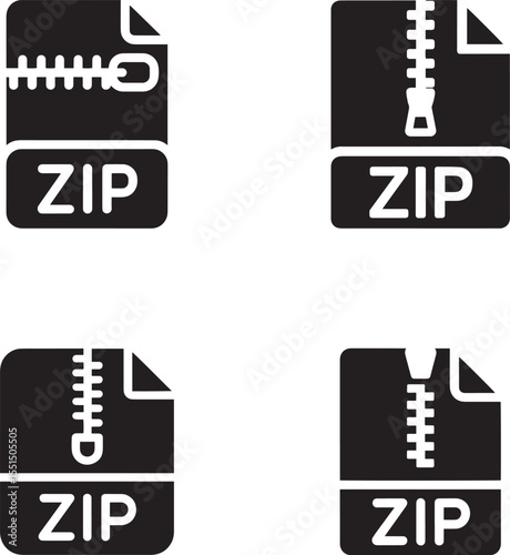 Four black zip file icons with zipper detail and text silhouette