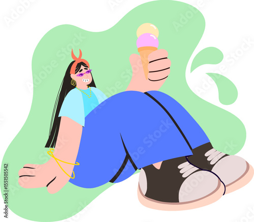 Young woman with long black hair sitting and holding an ice cream cone, wearing sunglasses and casual clothes, colorful modern flat style illustration
