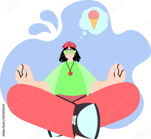 Flat vector of a girl meditating in lotus pose with a flower necklace and red pants. Ice cream in a thought bubble over abstract blue background.