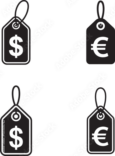 Set of four price tags with dollar and euro currency symbols silhouette
