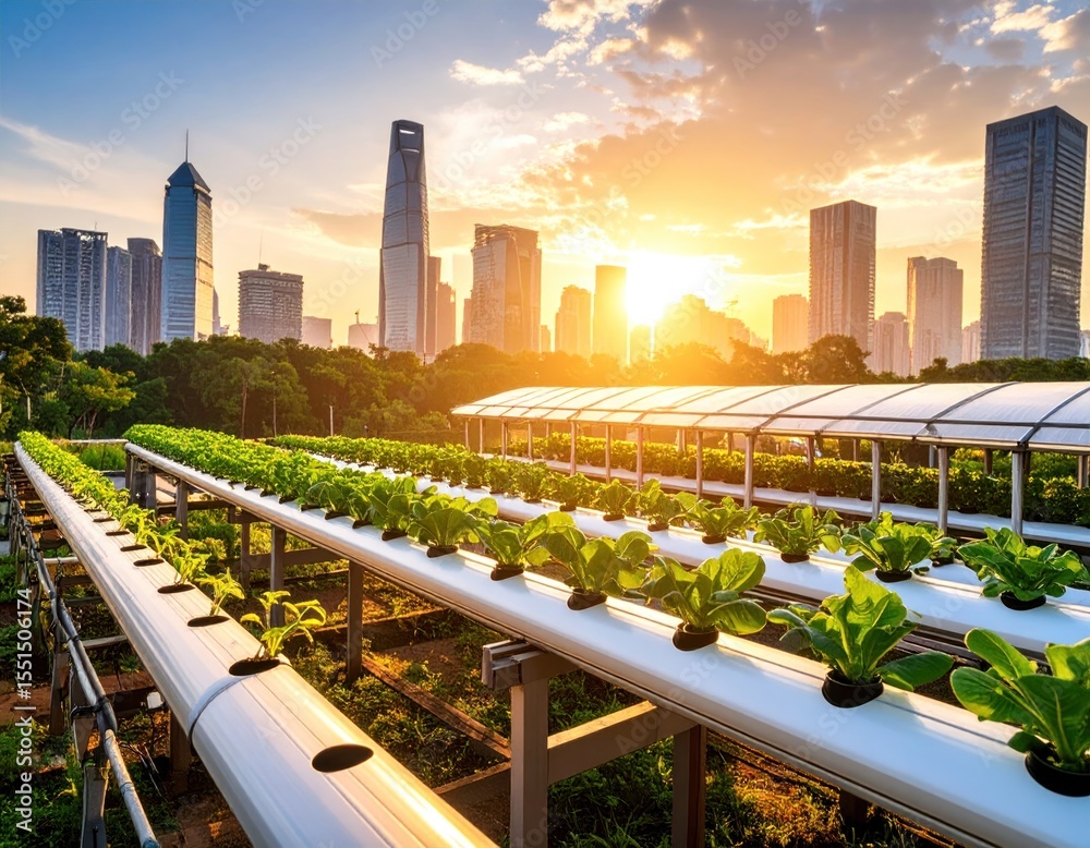 Fototapeta premium Urban rooftop farm at sunrise, with city skyline