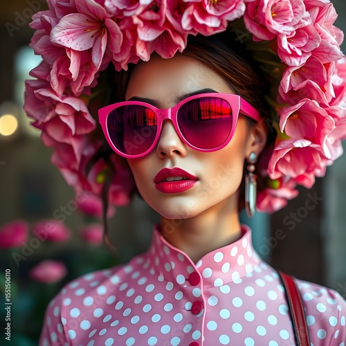 woman with pink flowers on head,  pink sunglasses and  polka dots 