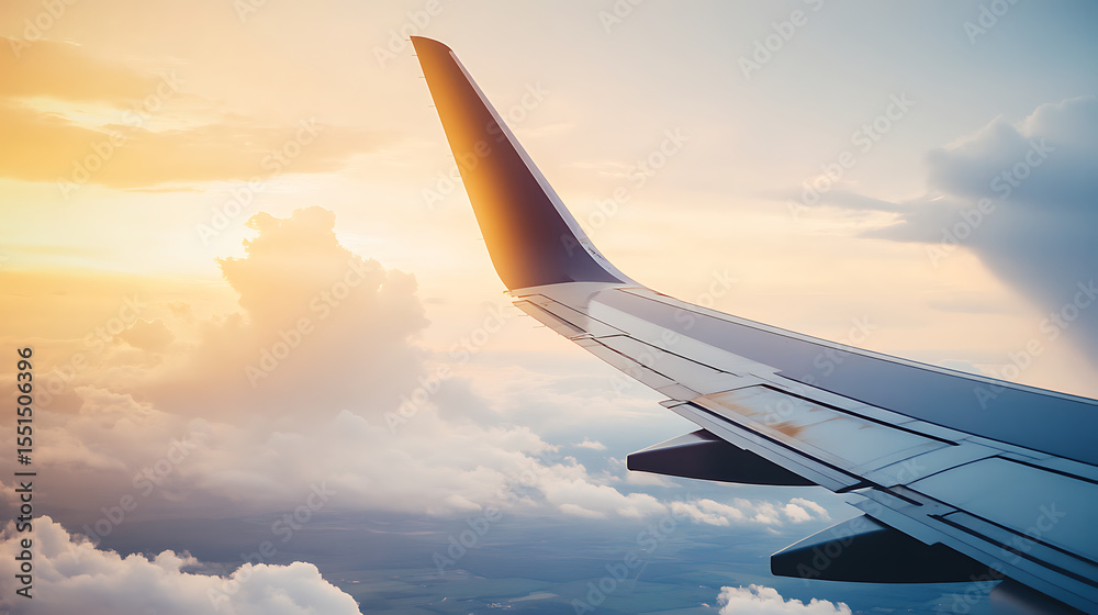 Obraz premium Airplane wing flying high above the clouds at sunset