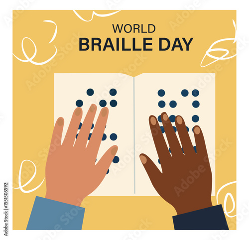 World Braille Day Vector Illustration Set - Diverse Hands Reading Braille Graphics2