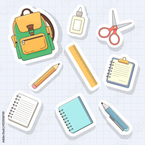 Vector set of school supply stickers – pen, pencil, notebook, backpack, ruler, glue, scissors – colorful labels on white background for Back to School, Knowledge Day, September 1 and children’s educat