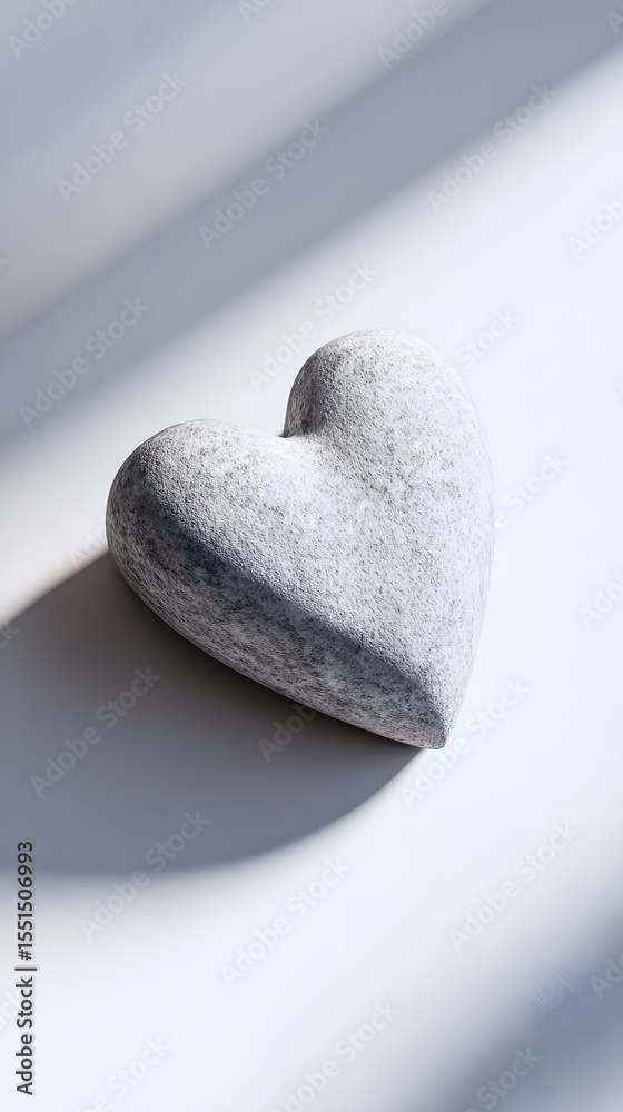 Fototapeta premium Stone heart with soft light and shadows on pale surface