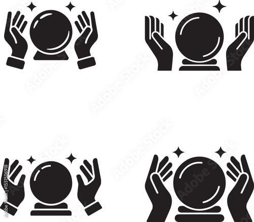Four icons of hands holding a crystal ball with sparkles silhouette