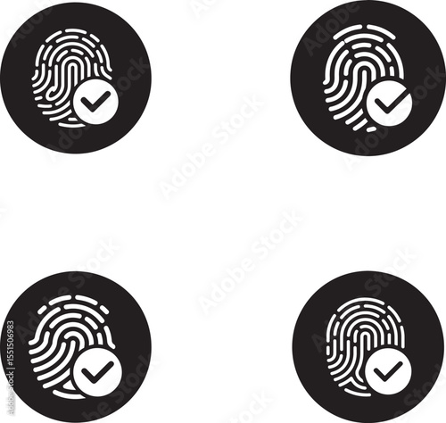 Four black circles with white fingerprint and checkmark icons silhouette