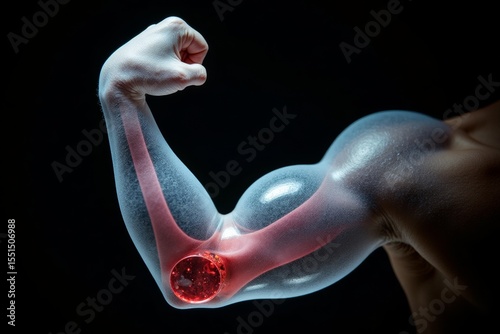 Elbow Joint Pain. Medical illustration showing highlighted inflammation in human elbow joint with anatomical detail and red pain indication.