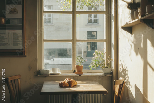 Golden croissant on paper in sunlit bakery with cozy atmosphere, vintage style photo