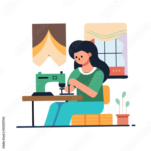 Illustration of a woman sewing at a sewing machine in a cozy indoor setting
