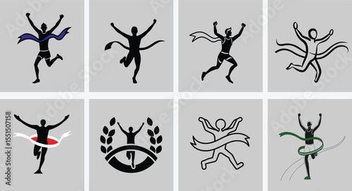Triumphant Runner Crossing Finish Line Silhouette  Victory Sports Vector Art
