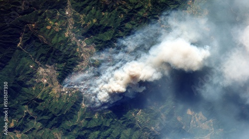 Satellite image of a cloud of white smoke rising from a forest fire. Aerial photography for emergency response and global forest management efforts. Concept of forest fire detection using AI and CNN.