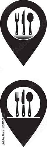 Restaurant location marker with fork knife spoon and plate silhouette