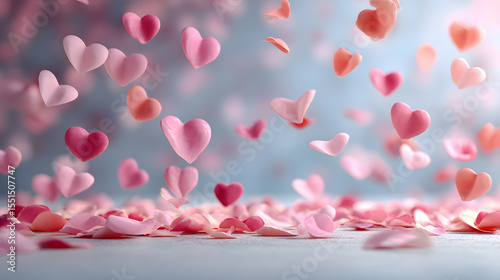 Falling hearts and petals with dreamy pink bokeh background