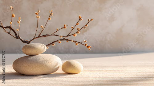 Minimal stones with dry branch casting shadows on wood