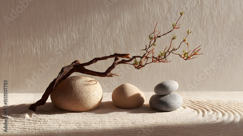 Smooth zen stones and dry floral branch with soft light