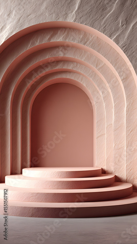 Elegant pink arched stair interior with soft lighting