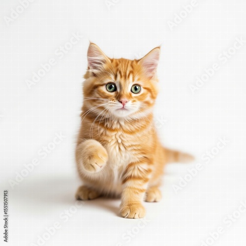 A cute cat raises a paw, looking curiously at the camera.