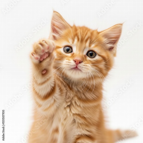 A cute cat raises a paw, looking curiously at the camera.