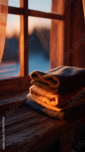 Golden sunlight on stacked towels near vintage window