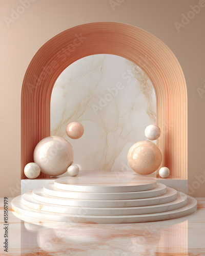 Marble stage with floating spheres and peach arched frame