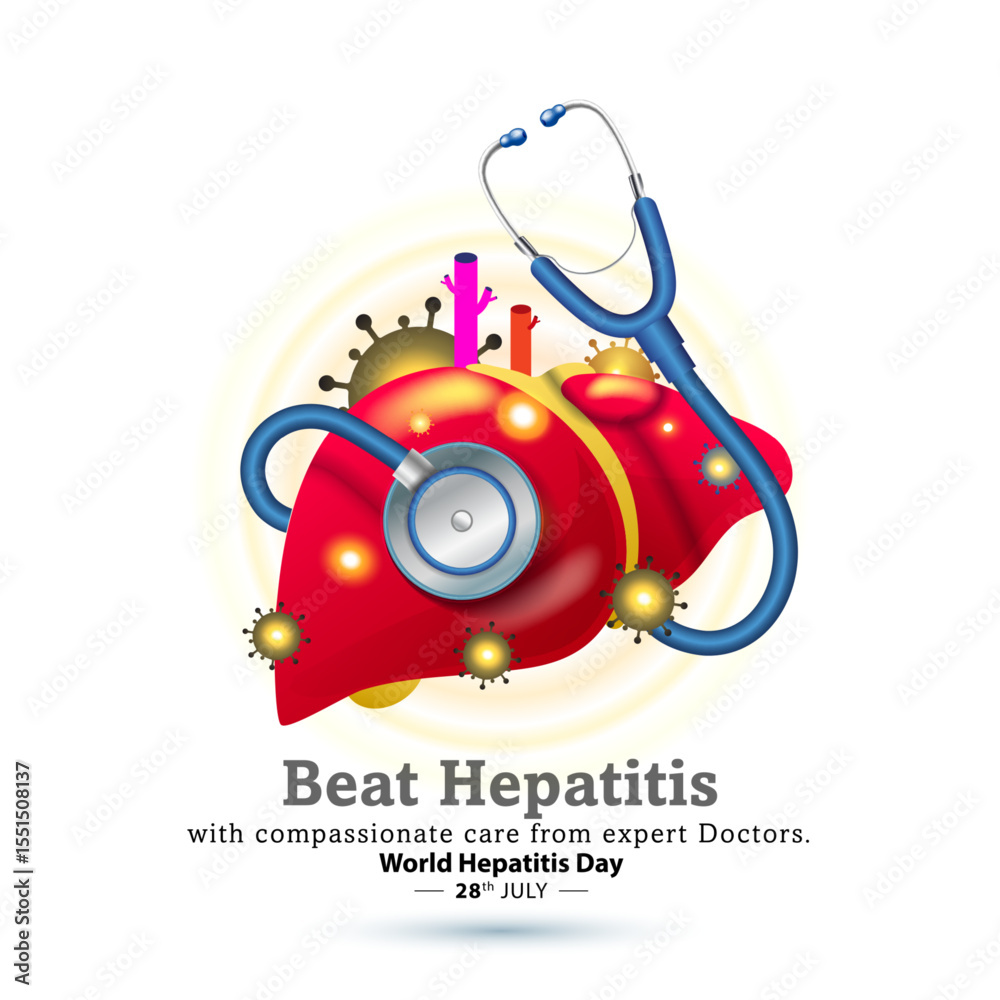 Obraz premium Happy World Hepatitis Day. Doctor medical stethoscope with human liver health care awareness theme and campaign design.