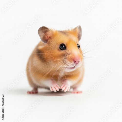A cute golden hamster stands on its hind legs, paws clasped, looking forward with curiosity.