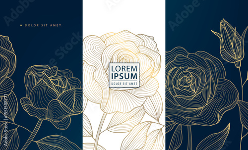 Vector set line gold oriental floral elements, chinese, japanese luxury flower background. Asian style package, wine labels, spring borders, elegant plant ornament.