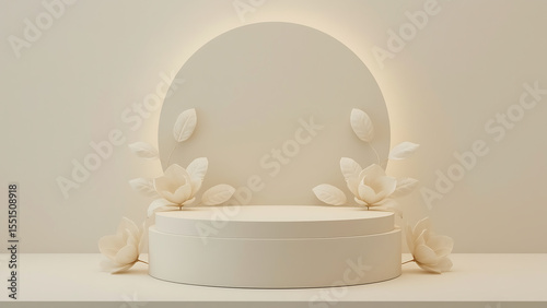Two magnolia blossoms flank a doubletiered white platform against a pale background