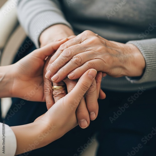 Close-up of a younger hand gently holding an older, wrinkled hand, symbolizing care, support, and connection.