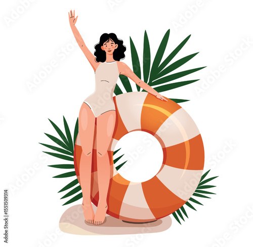 Cheerful woman in swimsuit with lifebuoy on the beach, surrounded by tropical leaves, enjoying summer and sunshine. Ideal for summer lifestyle and tropical-themed projects.