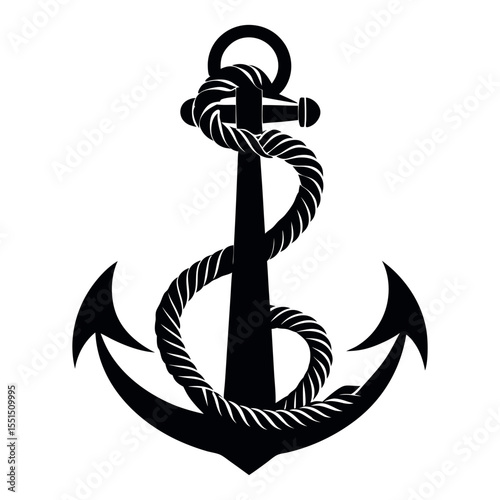 Vector Silhouette of an Anchor Icon with Coiled Rope in Bold Minimalist Style on White Background