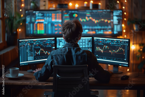 Photorealistic scene trader hands on keyboard, double screen