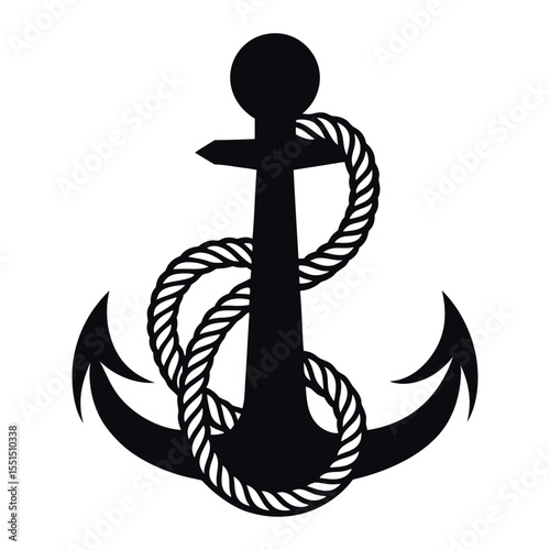Vector Silhouette of an Anchor Icon with Coiled Rope in Bold Minimalist Style on White Background