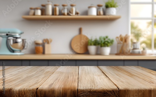 8k Empty wooden table top with a blurred kitchen interior background for product display montage, e-commerce banner design, close-up