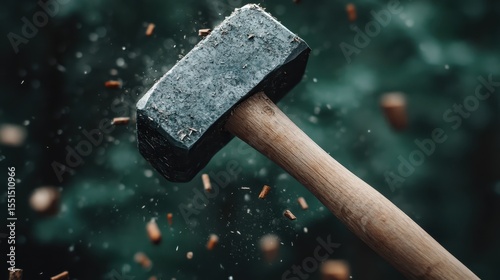 A close-up shot capturing a hammer striking wood, creating splinters and dust, showcasing the raw power and artistry in woodworking and craftsmanship in a dynamic manner.
