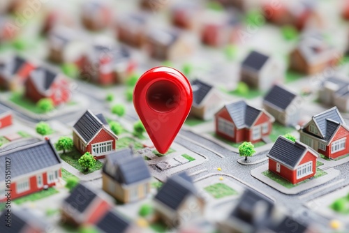 Real estate location pin highlighting a suburban neighborhood with identical houses and winding streets at sunset, representing home search or property investment