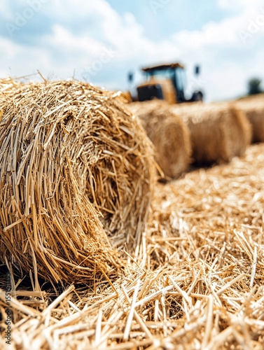 Hay bales on a sunny field with soft background and rural landscape