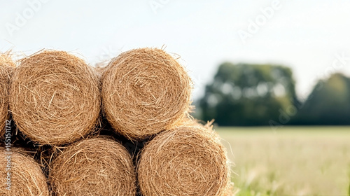 Hay bales on a sunny field with soft background and rural landscape