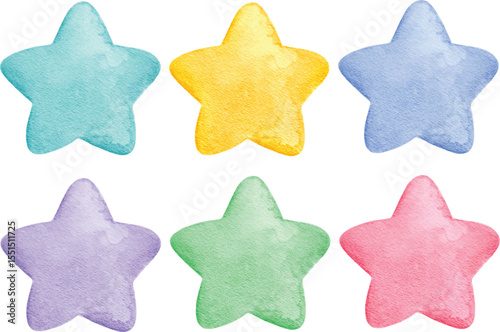 Colorful Hand Painted Watercolor Star Clip Art Set – Six Cute Isolated Stars for Nursery and Kids Designs