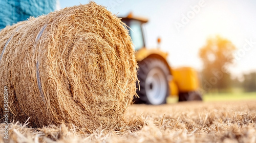 Large hay bale on field with tractor in background, symbolizing harvest and rural agriculture