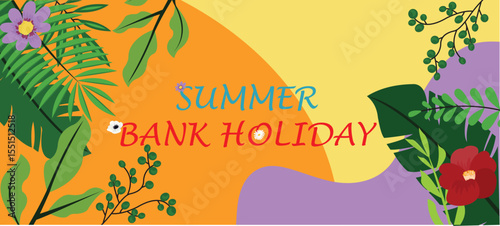 Summer horizontal background with bright abstract tropical leaves and flowers. Modern  minimalist style design template for sales, horizontal poster, header, cover, social media, fashion ads