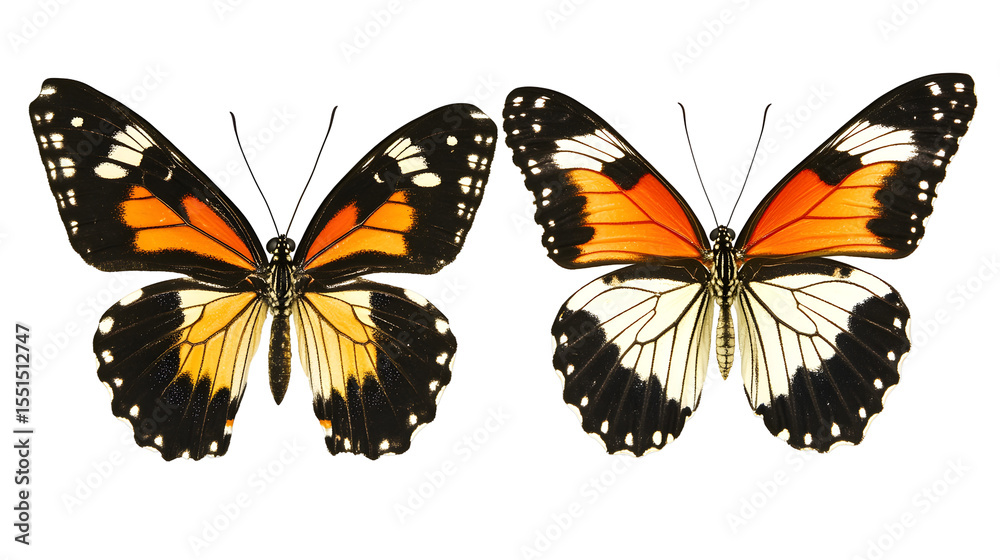Fototapeta premium Two Orange Black Butterflies isolated on a transparent background
