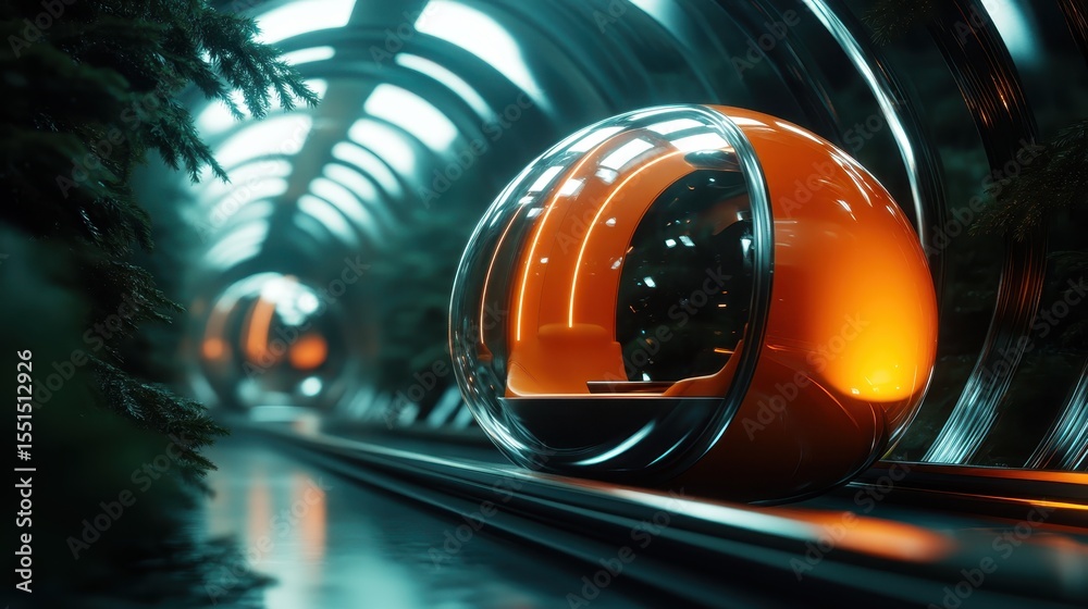 Fototapeta premium These sleek, transparent pods symbolize futuristic transportation, blending technology and design in a captivating corridor filled with ambient lighting and greenery.